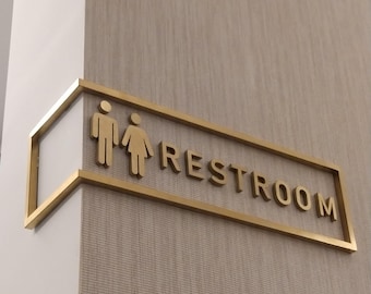Corner wrap gold restroom, washroom, bathroom sign, office restroom,luxury toilet signage ,art decor wc,Direction signs,