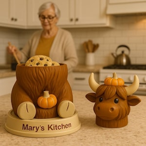 Highland Cow Cookie Jar with Pumpkin – Farmhouse Kitchen Décor, Rustic Storage, Country Home Gift, Fall Baking Accessories