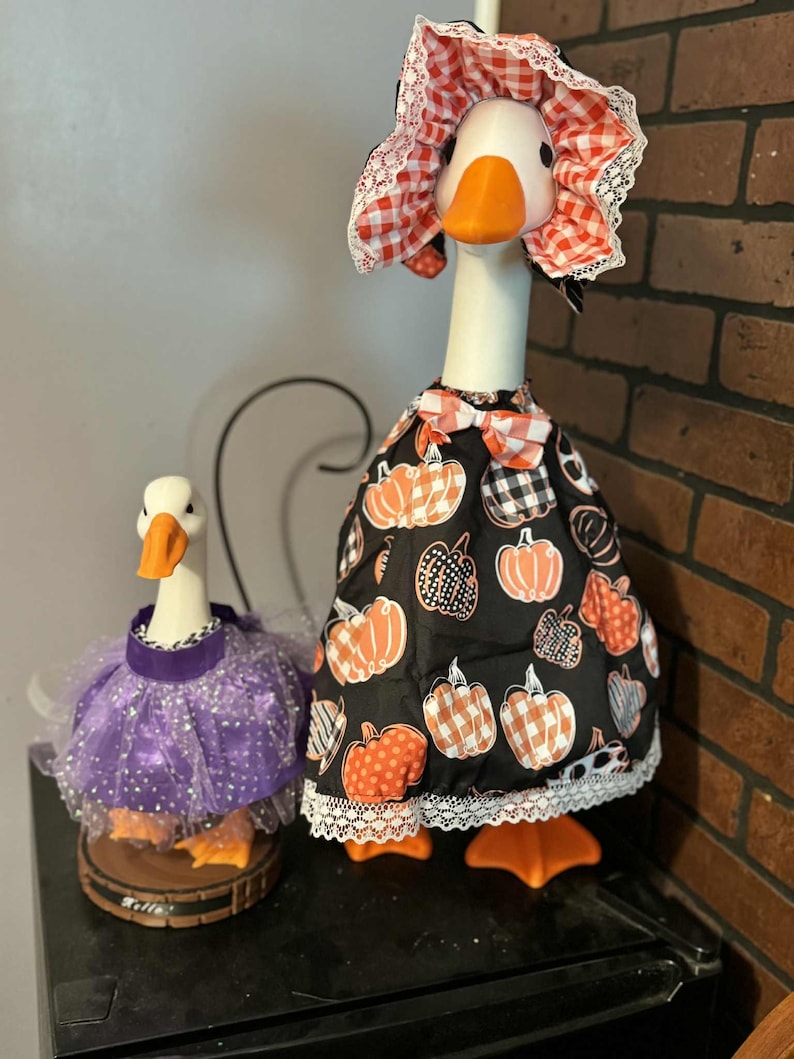 Pu&ograve; includere: Due statuette decorative a forma di oca. Una indossa un vestito nero con motivi di zucche arancioni e un cappello abbinato. L'altra indossa un tut&ugrave; viola. Entrambe hanno becchi e zampe arancioni. Gli abiti sono rifiniti con pizzo.