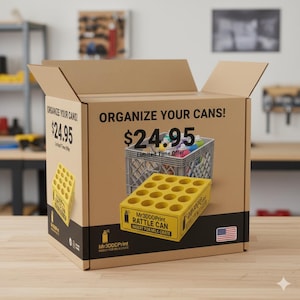 Inzetstuk melkkrat spuitbushouder – biedt plaats aan 16 standaard rammelaarblikken – garage- en werkplaatsopslag