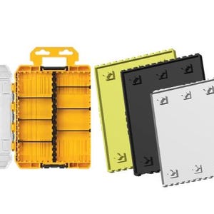 Könnte beinhalten: Ein Satz aus drei gelben, schwarzen und weißen Kunststoff-Aufbewahrungsbehältern mit einem DEWALT-Logo auf dem weißen Behälter.