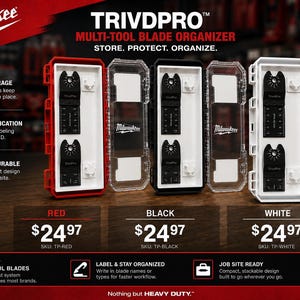 Può includere: Organizer per lame multiutensile Milwaukee TRIVDPRO in rosso, nero e bianco. Ogni custodia rettangolare presenta un coperchio trasparente, perni interni su misura per fissare le lame e il logo Milwaukee. Le custodie sono mostrate aperte.