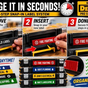 Może przedstawiać: 3-stopniowy system etykiet zatrzaskowych do skrzynek DeWalt Pro System. Grafika przedstawia czerwoną etykietę z napisem FIRE FIGHTING wkładaną w czarny plastikowy otwór. Dodatkowe etykiety to PLUMBING, ELECTRICAL, HARDWARE oraz LANDSCAPING.