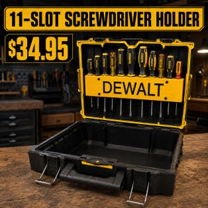 May include: A black and yellow DeWalt 11-slot screwdriver holder case with an open lid displaying eleven screwdrivers of varying sizes and handle colours. The interior features a yellow horizontal bar with the brand name DeWalt printed in black.