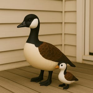May include: Two wooden goose figurines. The larger goose has a black head and neck, a white cheek patch, a cream-colored body, and brown wings. A smaller goose figurine is next to it, with similar coloring. The geese are standing on a wooden deck.
