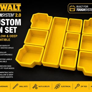 May include: A set of yellow DEWALT TOUGHSYSTEM 2.0 custom bin set. The set includes various sized bins, designed for organisation and storage. The text on the image says "SHALLOW & DEEP COMPATIBLE", "PRECISION FIT NO WASTED SPACE", and "MODULAR & CUSTOMIZABLE".