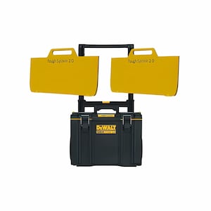 Puede incluir: Una caja de herramientas DEWALT ToughSystem 2.0 negra y amarilla con dos cajas de almacenamiento ToughSystem 2.0 amarillas apiladas encima.