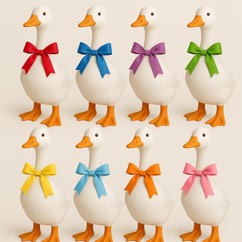 Pu&ograve; includere: Otto statuette di oche bianche con becco e zampe arancioni. Ogni oca indossa un papillon colorato in rosso, blu, viola, verde, giallo, azzurro, arancione e rosa. Le oche sono disposte a griglia.