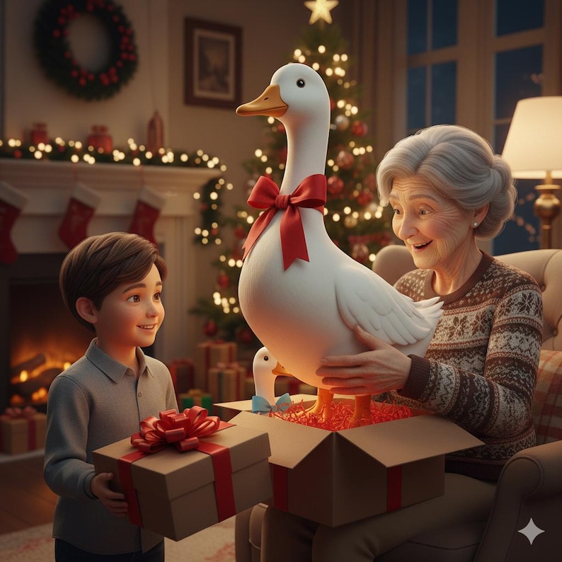Pu&ograve; includere: Una scena natalizia stravagante con un'oca bianca con un fiocco rosso, presentata in una scatola regalo. Un bambino e una persona anziana sorridono. Un albero di Natale e un camino creano un'atmosfera festosa.