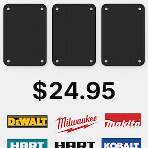 Könnte beinhalten: Drei schwarze rechteckige Pads mit einem Rastermuster und abgerundeten Ecken werden gezeigt. Der Text "3 PACK" steht oben. Darunter befinden sich Logos für DeWalt, Milwaukee, Makita, Hart und Kobalt.