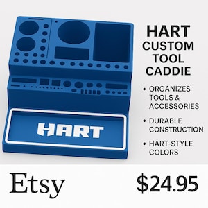 Puede incluir: Un organizador de herramientas HART azul personalizado con múltiples compartimentos y el logotipo HART. El organizador está diseñado para organizar herramientas y accesorios. El texto de la imagen dice "Construcción duradera" y "Colores estilo Hart".