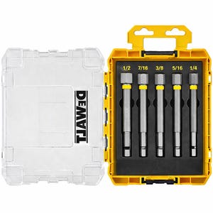 May include: A yellow and clear plastic case containing five silver and black drill bits. The case is open, revealing the bits in a black foam insert. The sizes are labeled as 1/2, 7/16, 3/8, 5/16, and 1/4.