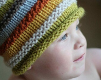 Boy's knit hat with colourful stripes.  Size 18 months to 4 years. Choose colour, photo prop, elf cap