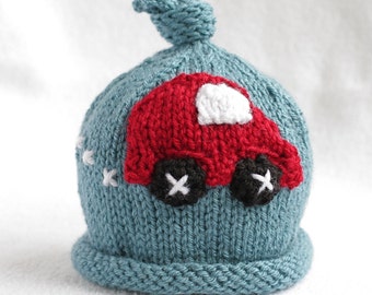 Baby boy knit hat with car applique.  Sizes newborn- big kid available