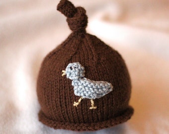 Baby girl or boy knit hat with bird applique.  Sizes newborn to big kid available.