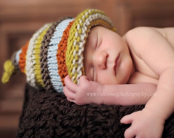 Boy's knit hat with colourful stripes.  Size newborn or infant. Photo prop Coming home Choose Color