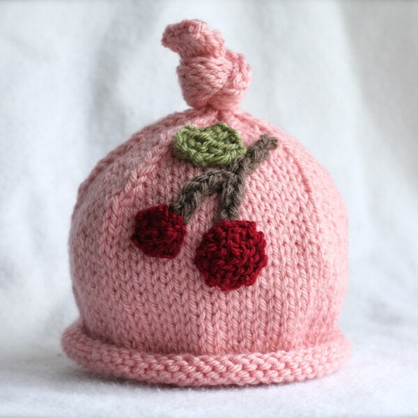 Baby girl knit hat with cherry applique.  Sizes newborn to big kid available.