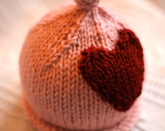 Little knit hat with the big heart.  PINK.  Sizes newborn to big kid available. VALENTINES DAY