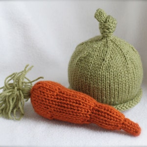 Knit hat with carrot prop for PHOTOGRAPHERS or toy. Sizes newborn to big kid available. image 1