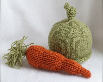 Knit hat with carrot prop for PHOTOGRAPHERS or toy.  Sizes newborn to big kid available.