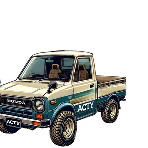 Könnte beinhalten: Illustration eines Oldtimer-Honda Acty Pickups. Der Truck ist beige und türkis mit schwarzen Reifen. Der Text "ACTY" befindet sich an der Seite und vorne. Der Text "SMALL TRUCK, BIG LEGACY" steht darunter.