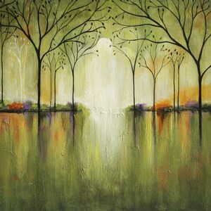 Green Landscape  textured forest art original painting marems 48 x 24 canvas
