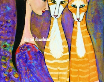 My Cat Printable download Orange Cat with girl Modigliani style lauren marems