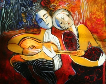 Abstract  figurative modern painting art  musical scene red blues primary colors marems made to order