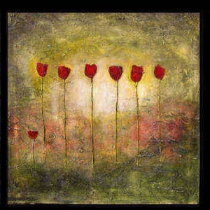 Abstract tulip painting modern textured art olive red gold Marems made to order image 1