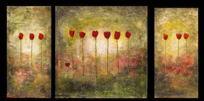 Abstract tulip painting modern textured art olive red gold Marems made to order image 1