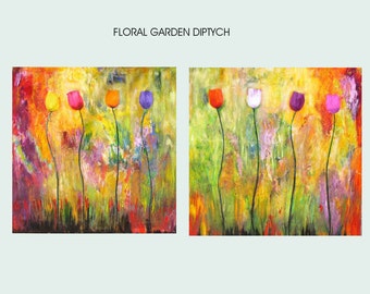 Large modern textured painting big bold floral diptych  Marems made to order