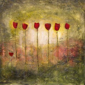 Abstract tulip painting modern textured art olive red gold Marems made to order image 2
