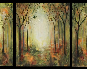 Original painting Modern forest landscape 3 canvases triptych Marems green trees in the woods