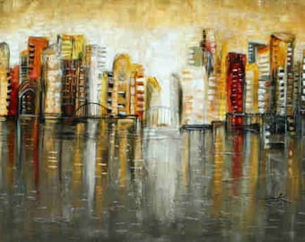 Puede incluir: Una pintura de un horizonte urbano reflejado en una masa de agua. Los edificios están pintados en tonos de marrón, amarillo y rojo, y el agua es de un gris oscuro. La pintura tiene un estilo texturizado y abstracto.