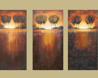 tree painting Abstract rustic landscape triptych marems acrylic  number 28