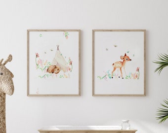 Deer nursery woodland animals, woodland nursery decor, nursery woodland animals, nursery decor girl, nursery wall art girl