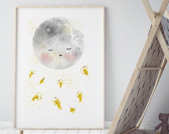 Moon nursery wall art, neutral moon wall decor, moon print kids, space room decor, space art childrens