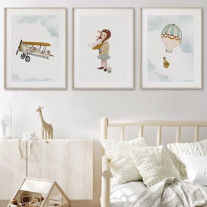 Airplane Nursery Prints Set: Vintage Aviation Watercolor Wall Art