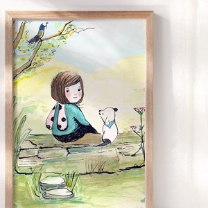 Little Girl and Dog illustration, cottagecore wall art, aesthetic art, original illustration.
