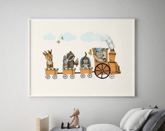 Train nursery decor, woodland animals, train painting, nursery train, nursery wall art animals