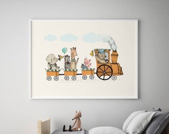 Train animals print, train nursery decor, nursery wall art farmhouse, nursery wall art boy, baby shower gift