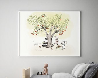 Apple tree wall art, woodland nursery decor, panda bear wall art, nursery wall art animals, woodland animals wall art