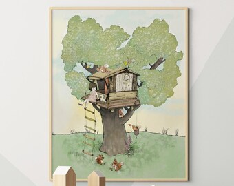 Tree house nursery wall art, girl room wall decor, squirrel art, nursery wall art printable