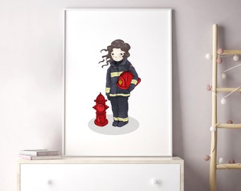 Firegirl Art Print - Fire fighter Wall Art - Firefighter Girl - Little fire fighter - Girls Bedroom Art - Kid firefighter -