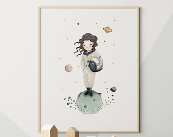Fille astronaute, fille de décoration de chambre d'enfant, chambre d'astronaute, art mural de l'espace, art mural d'astronaute, art mural de chambre d'enfant, décoration d'astronaute