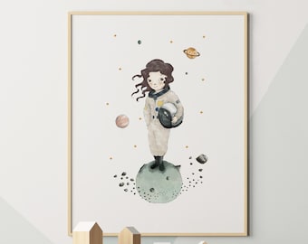 Chica astronauta, chica de decoración de guardería, guardería de astronautas, arte de pared del espacio exterior, arte de pared de astronauta, chica de arte de pared de guardería, decoración de astronauta