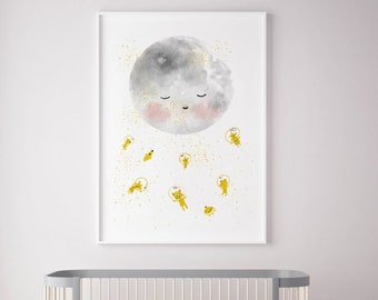 Arte de pared de luna, arte de pared de astronauta, niño imprimible de arte de pared de guardería, decoración de pared de luna, decoración de guardería de niño, decoración de pared de luna niños, luna de guardería