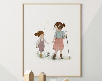 Art mural de soeurs, fille d'art de mur de pépinière, décor de chambre de filles, art de mur de famille, art de petite soeur de grande soeur