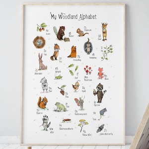 Waldtiere Kinderzimmer Alphabet Druck mit Waldtieren, Lernposter für Kinder, Montessori Wandkunst, ohne Rahmen