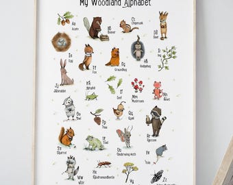 Woodland Nursery Alphabet Print | Original Hand-Illustrated Forest Animals ABC | Montessori Educational Wall Art